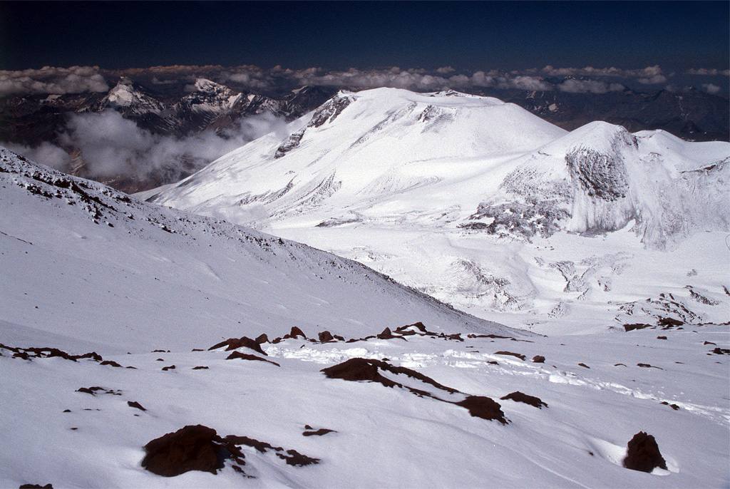 Elegant Volcan San Jose (5856m) as seen from the summit of Cerro Marmolejo (6108m).