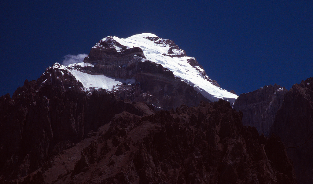 Cerro Aconcagua (6961m) with Polish glacier as seen from Vacas valley.