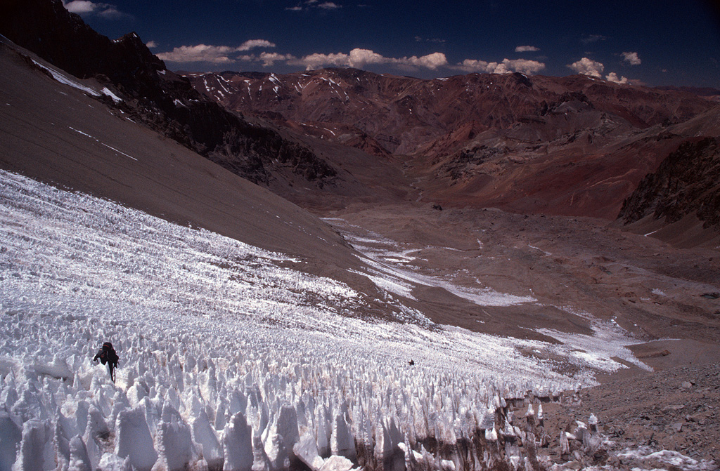 Ascending to camps below Polish glacier through the fields of penitentes.