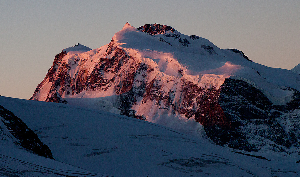 A morning sunbath of the Monte Rosa Massif (Dufourspitze 4,634 m).
