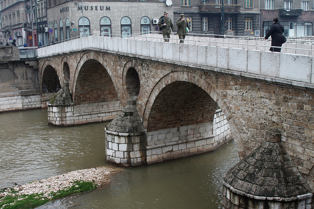 Latin Bridge (Латинска ћуприја) over the Miljacka river, Sarajevo, Bosnia. (The place of the assassination of Franz Ferdinand in 1914.).