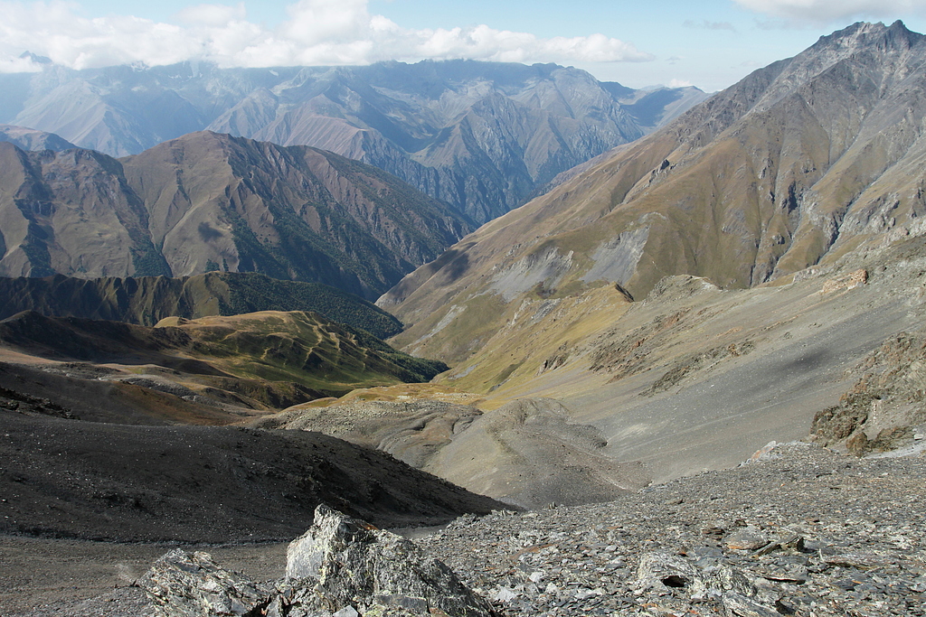 Isartghele pass (3486m), looking west to highly overgrown, deep Tanietskali valley.