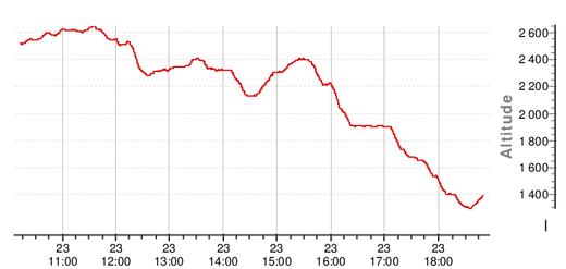 altitude profile: Bivouac 2 - Fuorcla da Gavirolas - Panixer Pass - Ober Stafel - Walenbrugg - Skihütte - Stein böden - Bivouac 3 (cca 2000m, 20:40h)