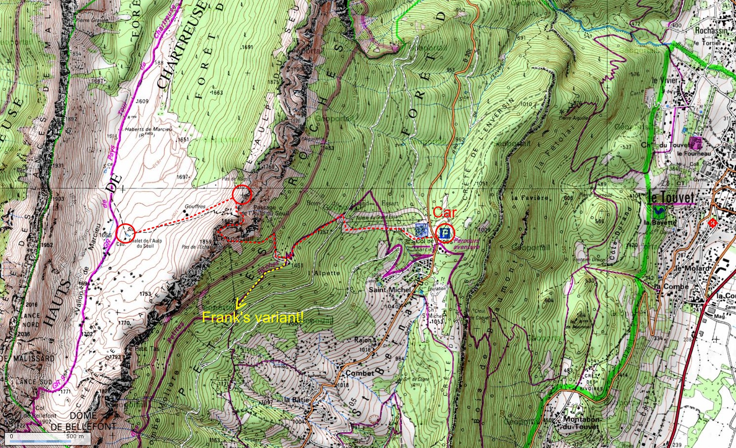 map: Chartreuse: le Col de Marcieu (1065m) - l'Aulp du Seuil (1860m)