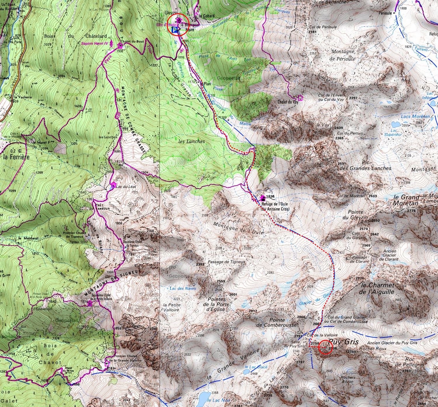 map: Belledonne: Gleysin (1095m) - le Refuge de l'Oule - le Col de Comberousse (2669m) - la Selle du Puy Gris (2758m) - le Puy Gris (2908m)