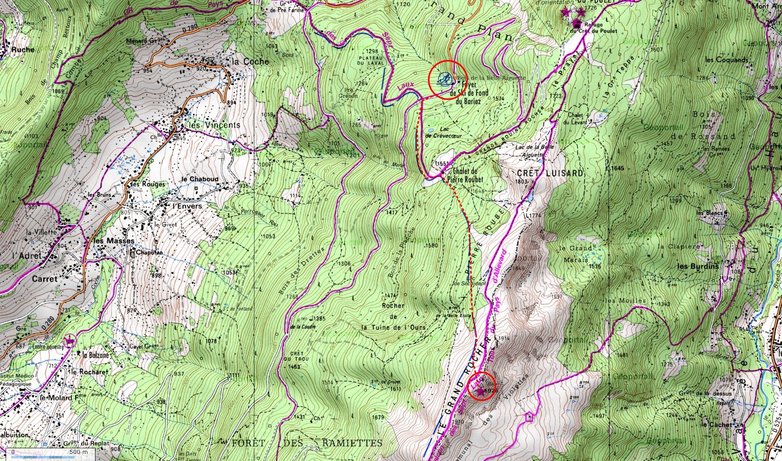 map: Montrenard: le Foyer de Ski de Fond du Barioz (1420m) - le Grand Rocher (1926m)
