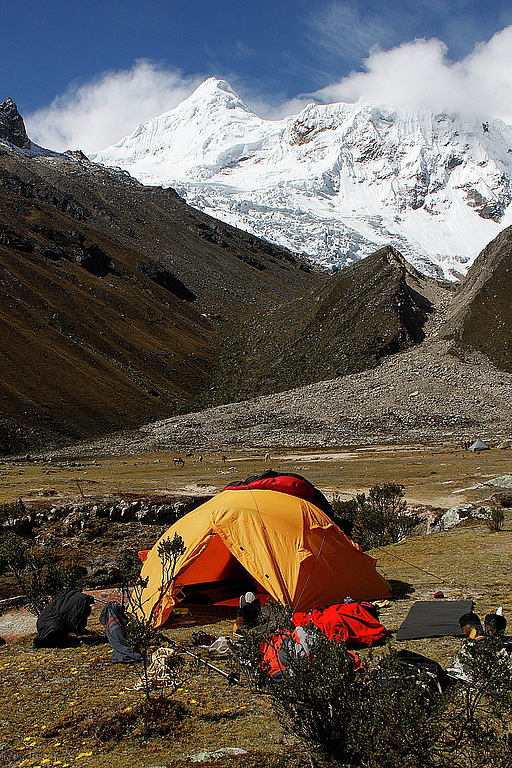 Cozy campsite at Quebrada Ishinca, Nevado Tocllaraju (6,032m) in the background