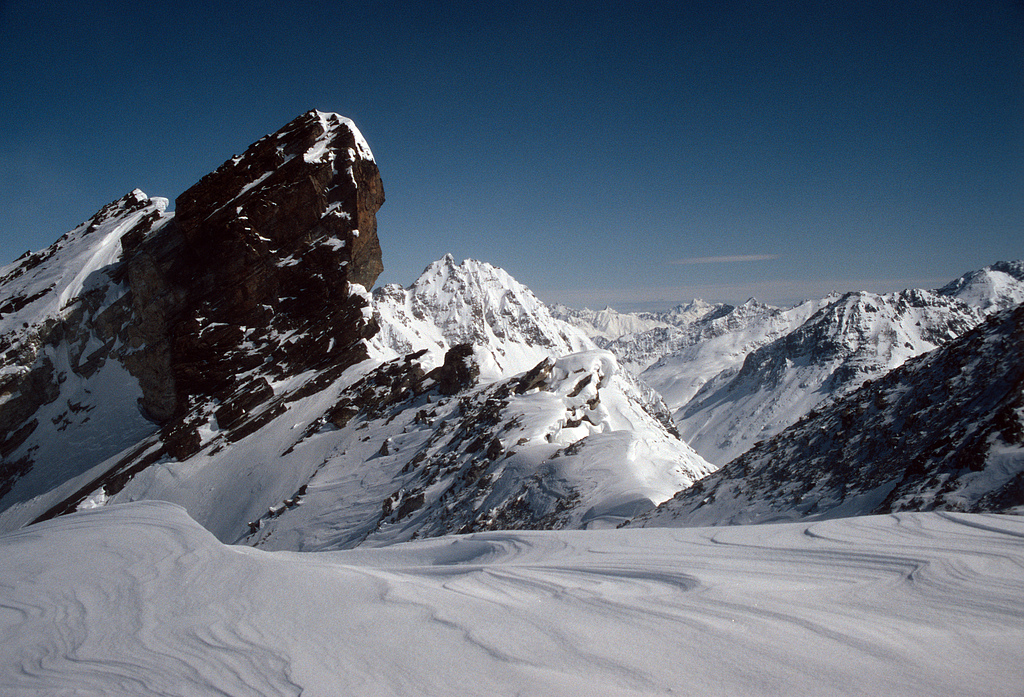 View to Jamtal valley from the Ochsenscharte (2913m) saddle.