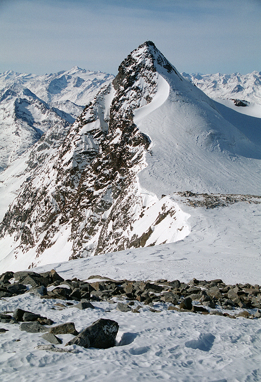 Zuckerhütl (3507m), the highest peak of Stubai Alps. On the horizon left from the summit: Weisskugel and Wildspitze, right: Muttler, Fluchthorn, Hapmeskopf, Löcherkogel and Rostizkogel.