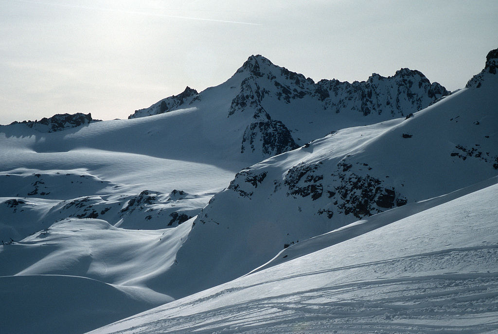 Silvretta is a skitouring sandbox. View over the Ochsentaler and Vermunt glacier to Dreiländerspitze ridge.